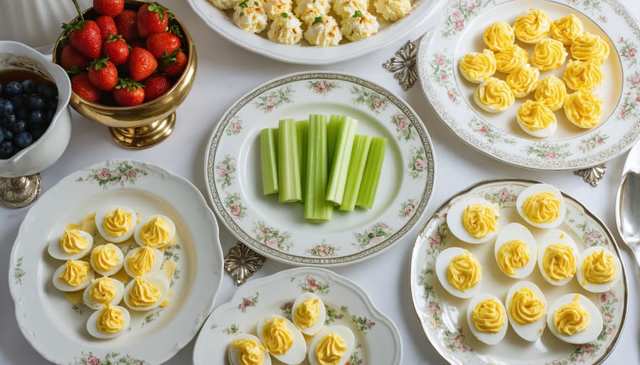 Vintage-style holiday appetizer spread with classic party snacks on mid-century serving dishes