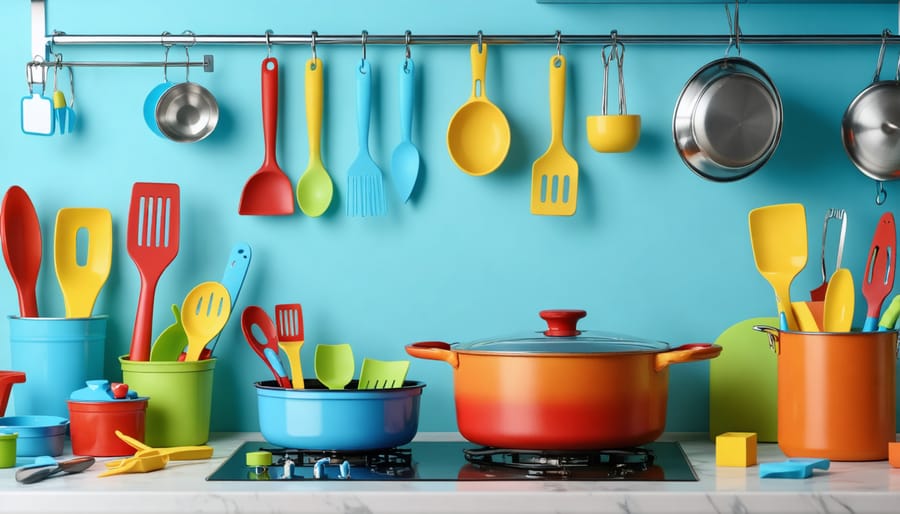 Safe cooking environment with child-sized tools, non-slip mats, and rounded utensils