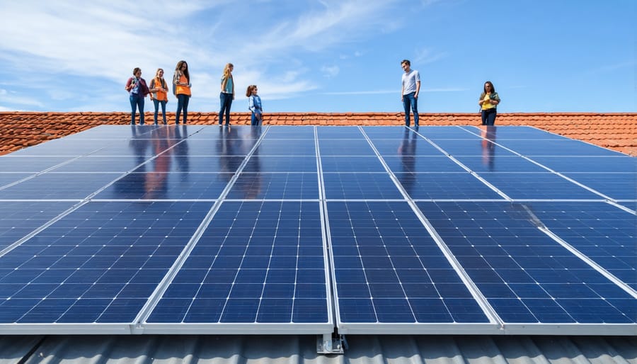 Students and teachers looking at newly installed solar panels on their school roof