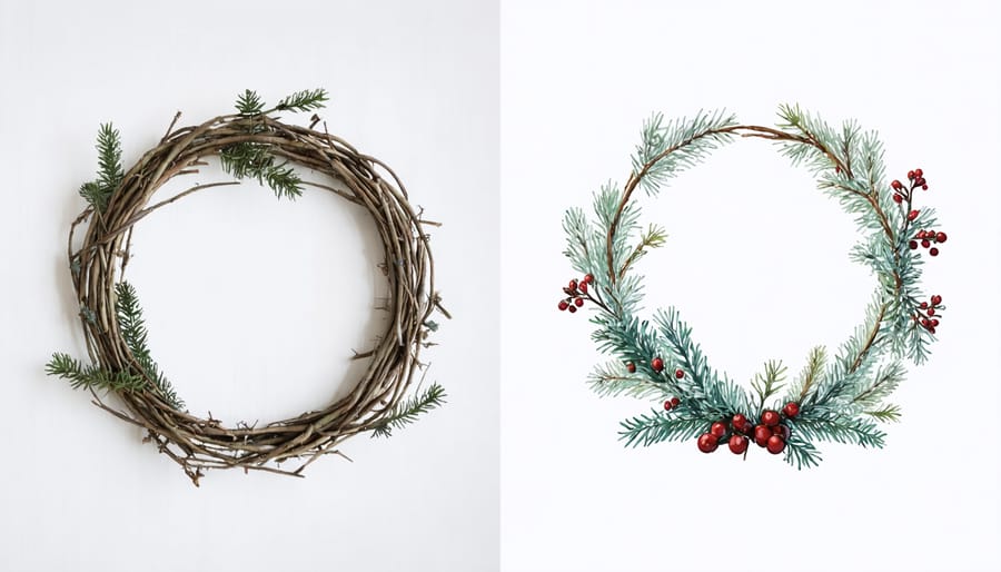 Before and after photos of a wreath base decorated for winter and spring seasons