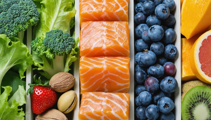 Diverse collection of healthy foods essential for senior nutrition including salmon, spinach, nuts, and berries
