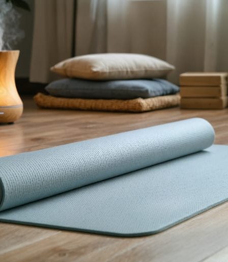 A peaceful home yoga space with a rolled-out mat on a warm wooden floor, surrounded by soft ambient lighting, meditation cushions, and an essential oil diffuser, creating a tranquil wellness sanctuary.