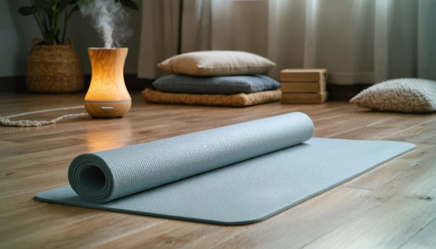 A peaceful home yoga space with a rolled-out mat on a warm wooden floor, surrounded by soft ambient lighting, meditation cushions, and an essential oil diffuser, creating a tranquil wellness sanctuary.