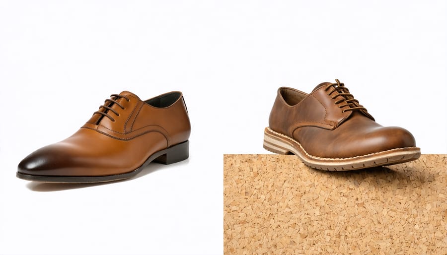Comparison of conventional and eco-friendly shoe materials showing environmental impact