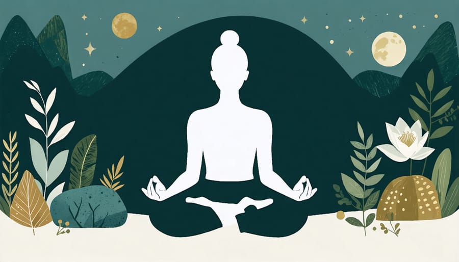 Woman practicing yoga outdoors with visual representations of physical, emotional, social, intellectual, spiritual, and environmental wellness surrounding her
