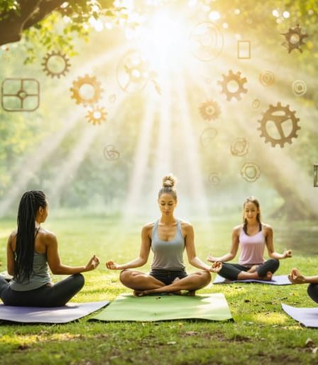 A diverse group of individuals practicing yoga, meditation, and socializing outdoors, surrounded by visual symbols representing the six dimensions of wellness: physical vitality, emotional balance, social connections, spiritual growth, intellectual stimulation, and occupational fulfillment.