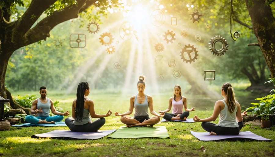 A diverse group of individuals practicing yoga, meditation, and socializing outdoors, surrounded by visual symbols representing the six dimensions of wellness: physical vitality, emotional balance, social connections, spiritual growth, intellectual stimulation, and occupational fulfillment.