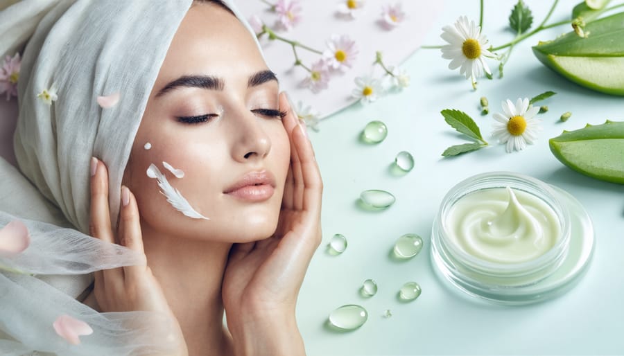 A serene face being cared for with gentle touches and enveloped in a silk cloth, surrounded by illustrations of soothing ingredients like aloe vera and chamomile against a pastel background, representing a nurturing skincare routine for sensitive skin.