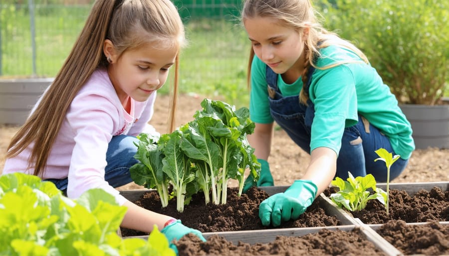 Diverse group of students engaged in sustainable gardening activities at school
