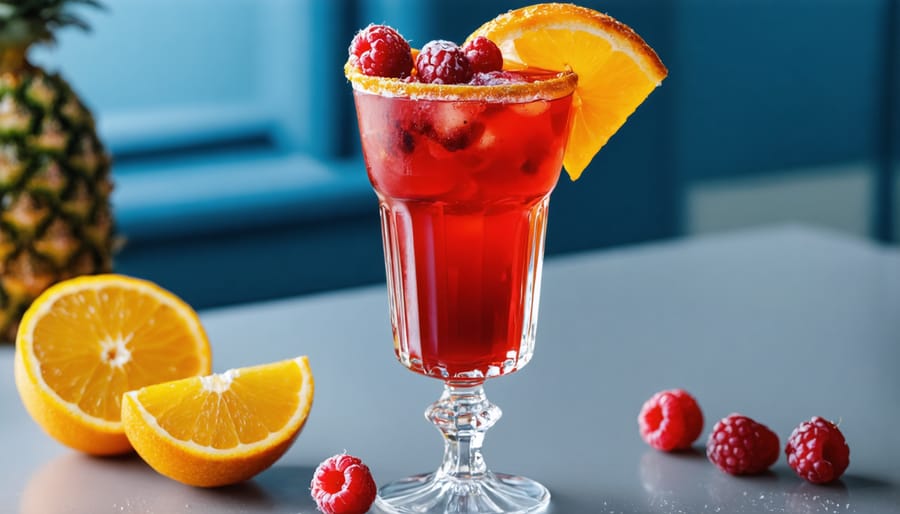 Golden-hued prosecco cocktail with floating berries and citrus garnish
