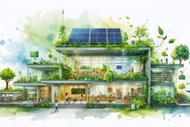 A conceptual image showing a school surrounded by sustainability icons like solar panels, rainwater collection, and students engaged in eco-friendly activities like gardening and recycling.