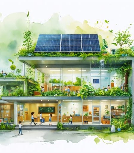 A conceptual image showing a school surrounded by sustainability icons like solar panels, rainwater collection, and students engaged in eco-friendly activities like gardening and recycling.