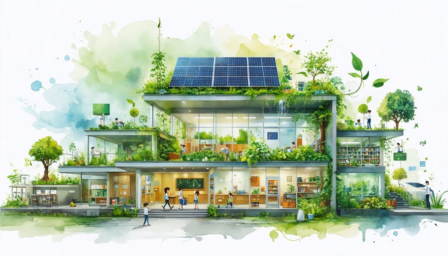 A conceptual image showing a school surrounded by sustainability icons like solar panels, rainwater collection, and students engaged in eco-friendly activities like gardening and recycling.