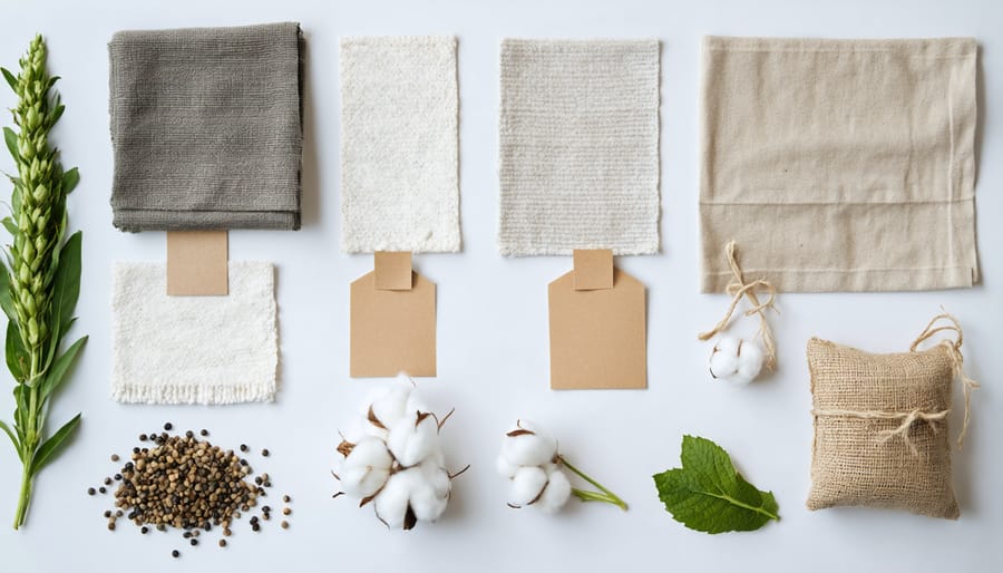 Various eco-friendly fabric swatches including organic cotton, hemp, and recycled materials
