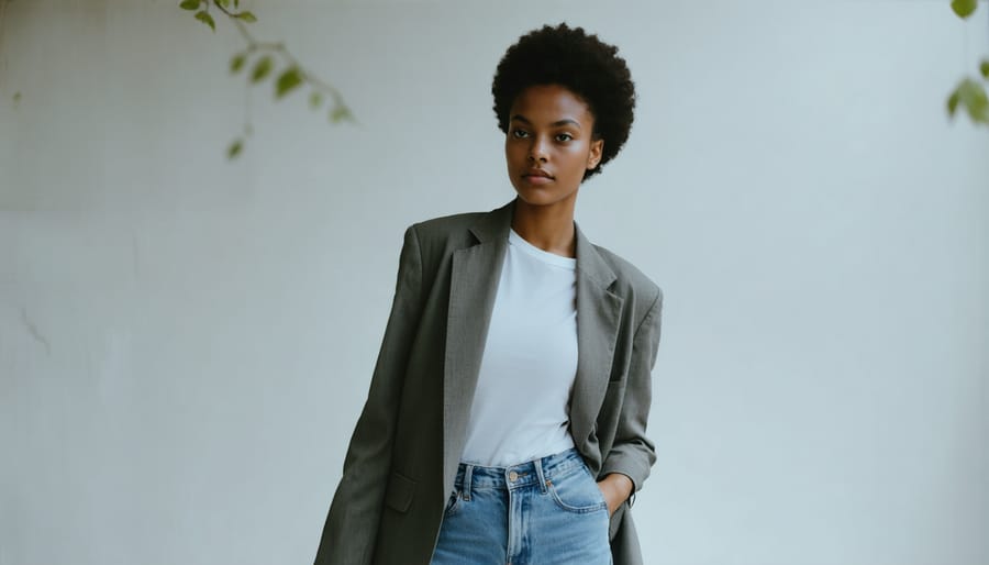 Fashion model showcasing trendy sustainable clothing outfit