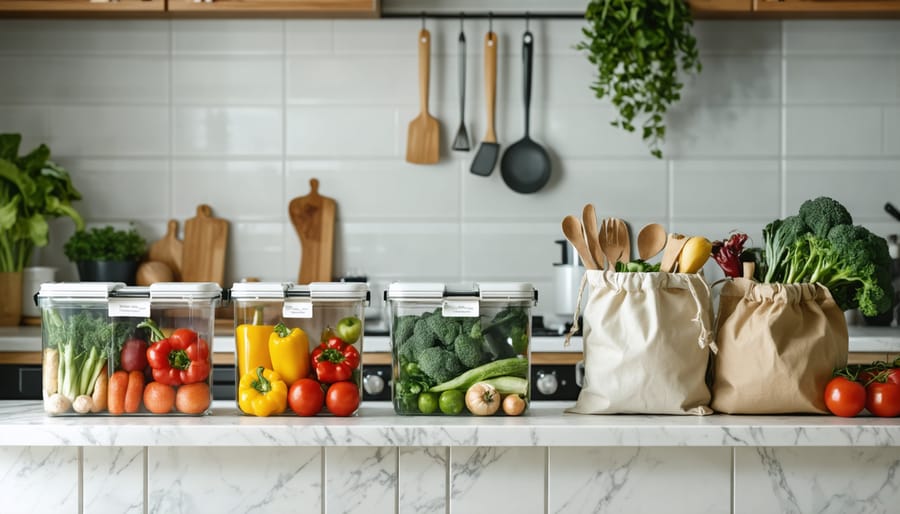 Eco-friendly kitchen setup with glass containers, reusable bags, and composting system