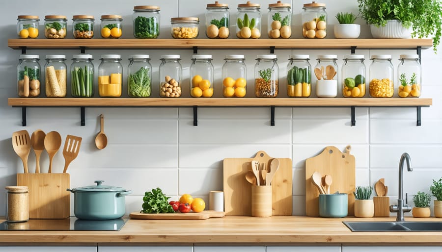 Eco-friendly kitchen storage solutions including glass jars, beeswax food wraps, and sustainable utensils