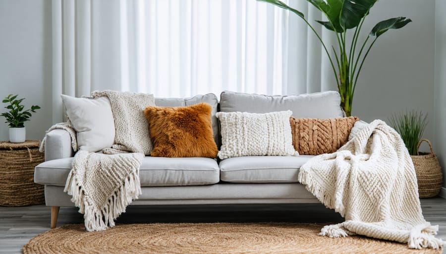 Sustainably decorated living room with eco-friendly textiles and energy-efficient lighting