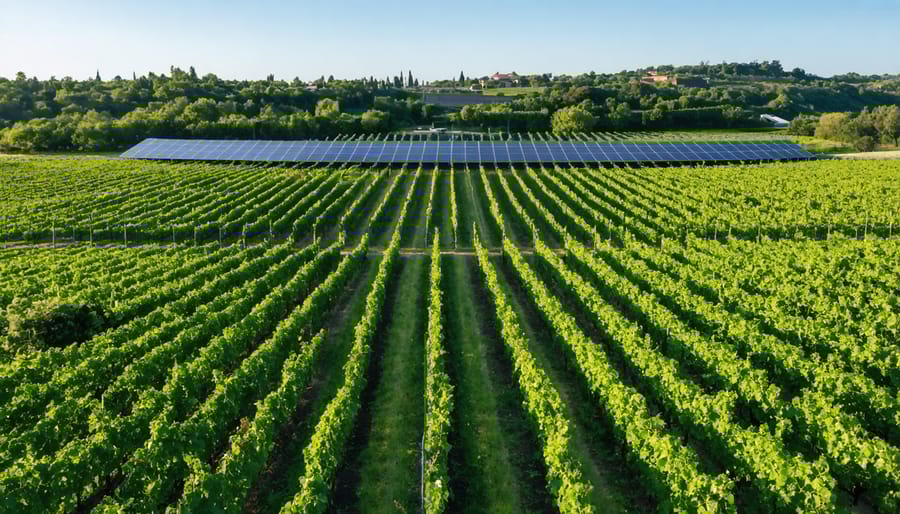 Sustainable vineyard with natural ground cover and renewable energy integration