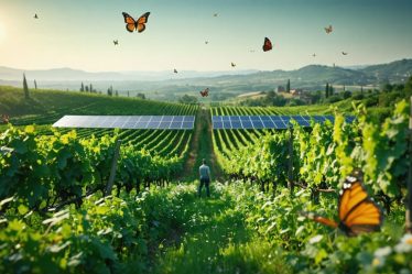 A vibrant vineyard showcasing sustainable practices such as solar panels, cover crops, and natural pest control methods, symbolizing the union of tradition and ecological innovation in winemaking.