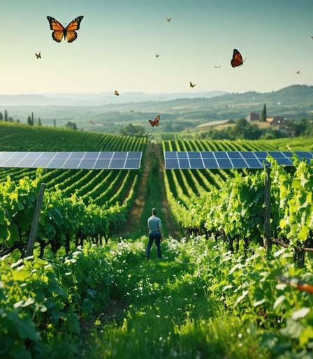 A vibrant vineyard showcasing sustainable practices such as solar panels, cover crops, and natural pest control methods, symbolizing the union of tradition and ecological innovation in winemaking.
