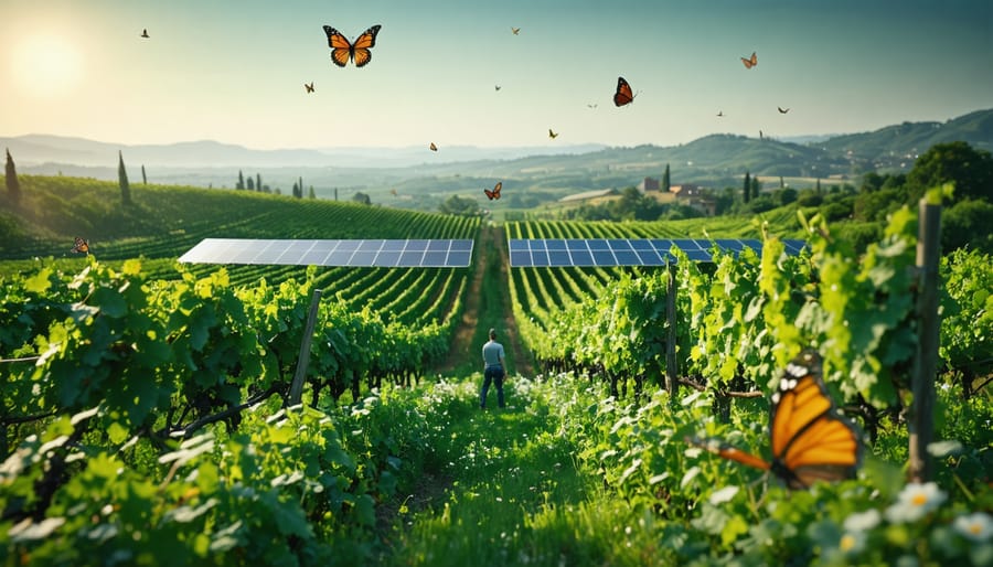 A vibrant vineyard showcasing sustainable practices such as solar panels, cover crops, and natural pest control methods, symbolizing the union of tradition and ecological innovation in winemaking.