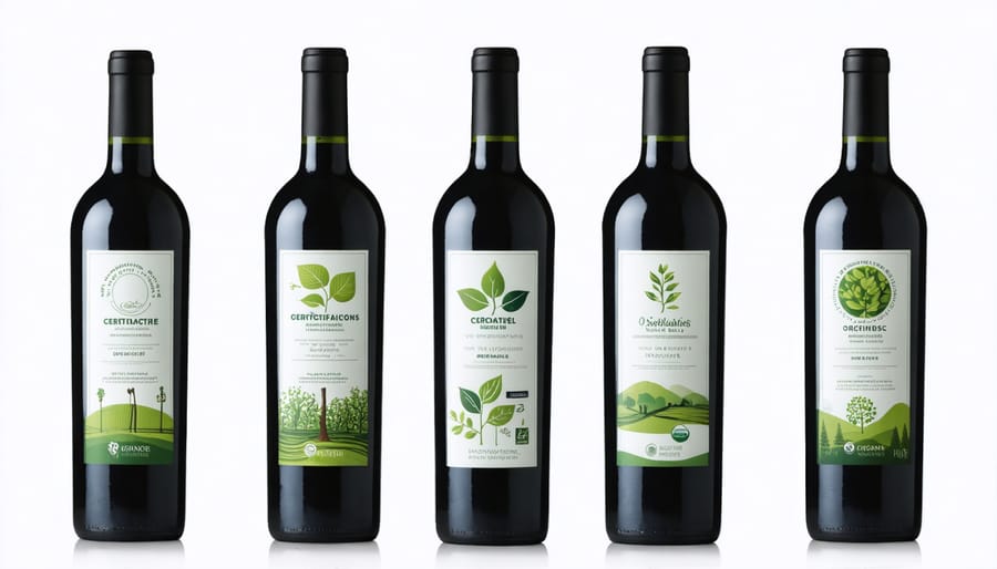 Wine bottles showing different sustainability certifications and eco-friendly labels
