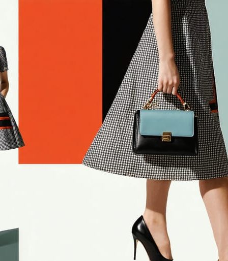 A model in a contemporary interpretation of a 1960s A-line dress with geometric patterns, accessorized with oversized sunglasses and a structured handbag, blending vintage elements with modern fashion.