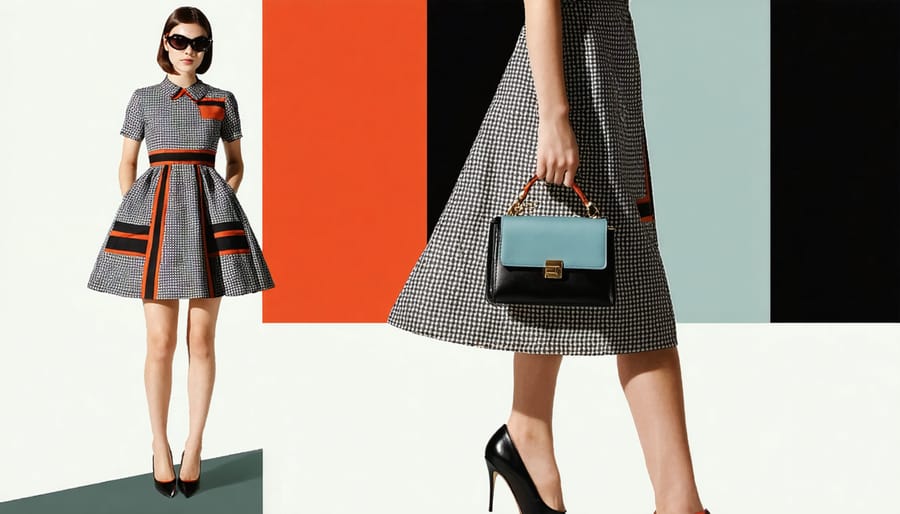 A model in a contemporary interpretation of a 1960s A-line dress with geometric patterns, accessorized with oversized sunglasses and a structured handbag, blending vintage elements with modern fashion.