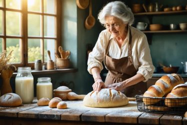 An elderly woman in a warm, vintage kitchen kneading bread dough on a wooden table, surrounded by traditional bread-making tools and freshly baked loaves, with sunlight highlighting the scene.