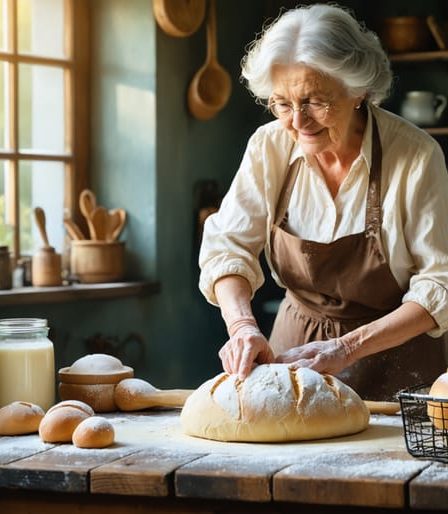 An elderly woman in a warm, vintage kitchen kneading bread dough on a wooden table, surrounded by traditional bread-making tools and freshly baked loaves, with sunlight highlighting the scene.