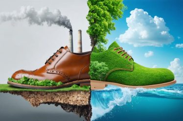 An artistic split image comparing traditional shoe materials with sustainable alternatives, illustrating the environmental impact of each choice.