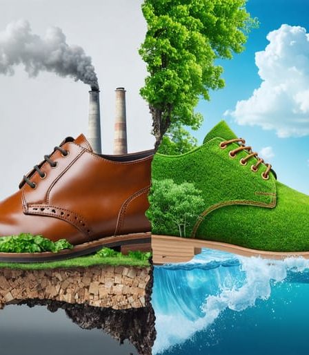 An artistic split image comparing traditional shoe materials with sustainable alternatives, illustrating the environmental impact of each choice.