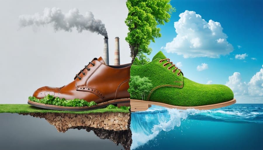 An artistic split image comparing traditional shoe materials with sustainable alternatives, illustrating the environmental impact of each choice.