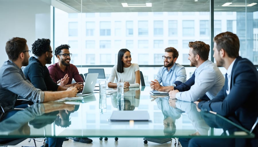 Diverse group of business professionals collaborating transparently in a modern office setting