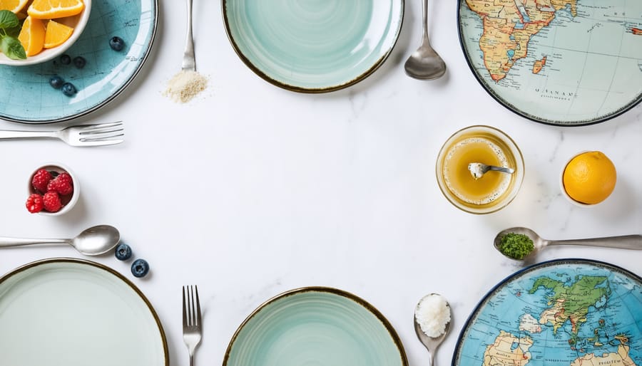 Home-cooked international dishes with recipe cards and collected spices