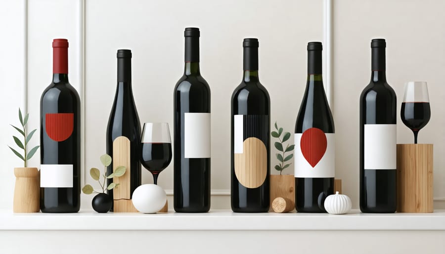 Repurposed wine bottles used as candle holders, vases, and garden decorations