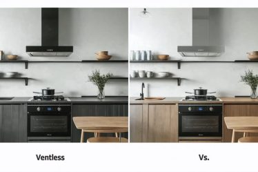 A modern kitchen design highlighting a sleek ventless cooking system integrated above the stovetop, contrasted with a traditional bulky kitchen hood system.