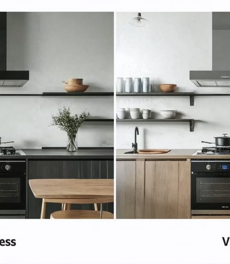 A modern kitchen design highlighting a sleek ventless cooking system integrated above the stovetop, contrasted with a traditional bulky kitchen hood system.