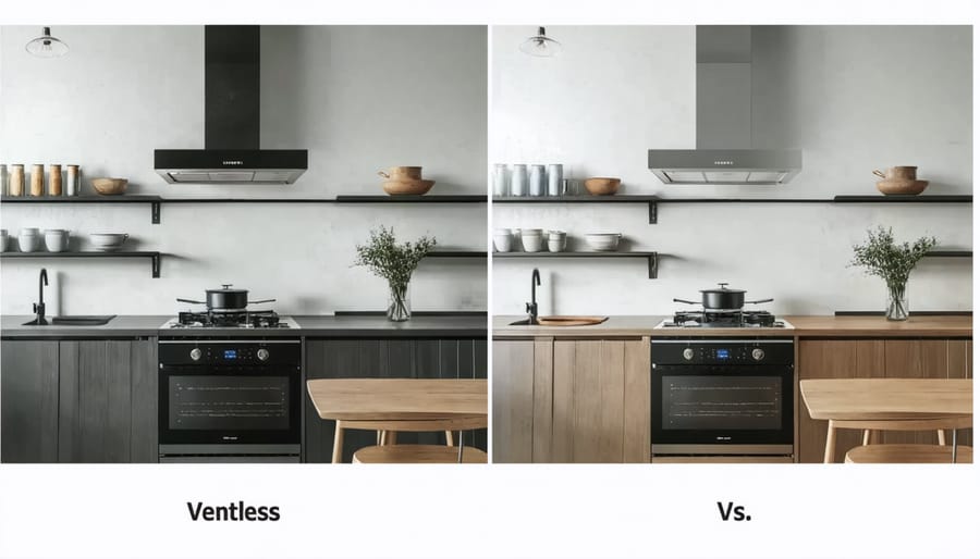 A modern kitchen design highlighting a sleek ventless cooking system integrated above the stovetop, contrasted with a traditional bulky kitchen hood system.