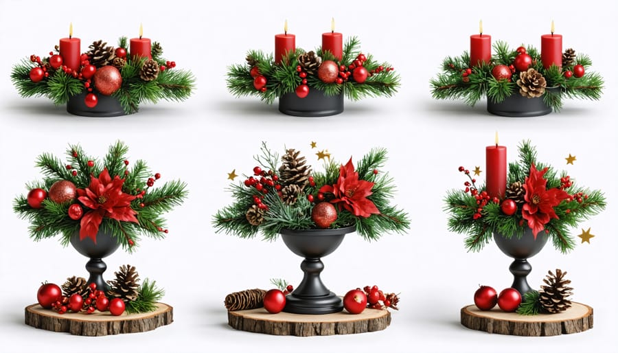 Array of neutral vases, candle holders, and decorative elements for holiday centerpieces