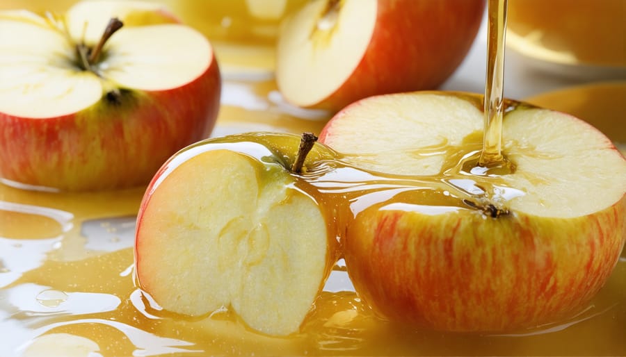 Close-up view of mother of vinegar culture developing on fermenting apple cider
