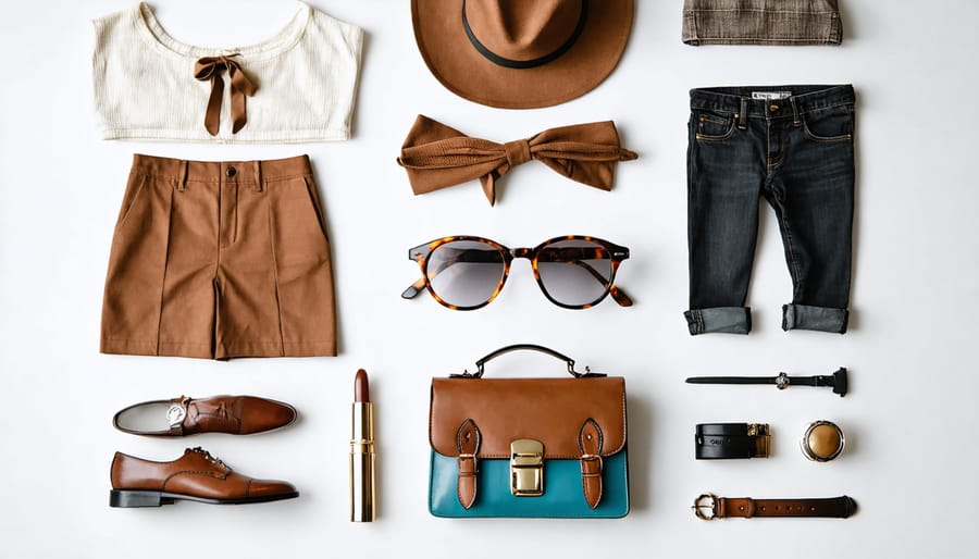 Modern outfit incorporating 1950s accessories including cat-eye sunglasses, pearl necklace, and structured handbag