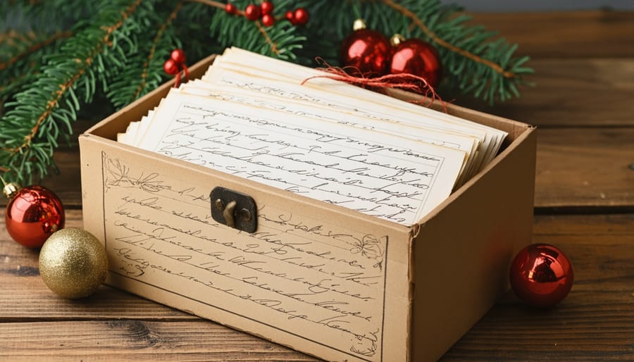 Weathered wooden recipe box containing yellowed handwritten recipe cards from generations past