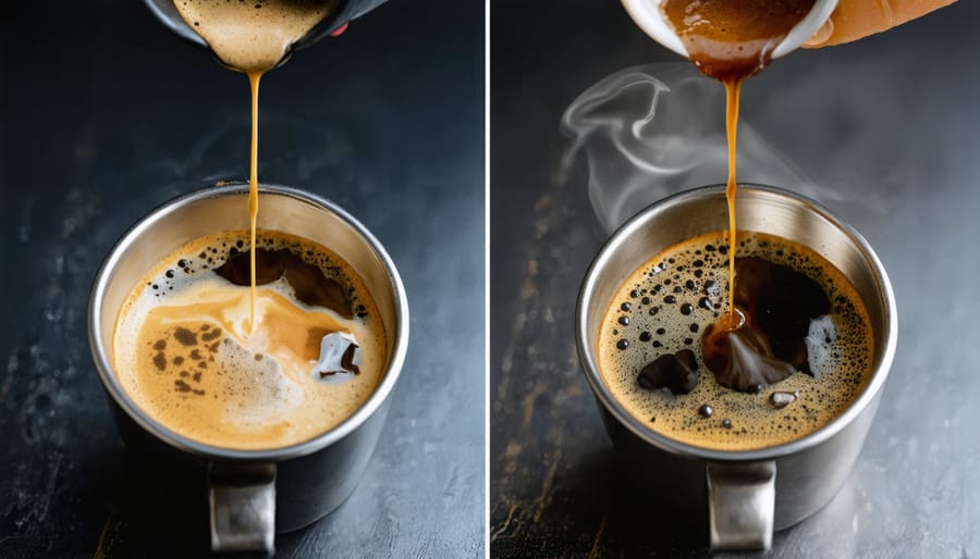 Side-by-side comparison of coffee brewed with hard vs soft water, showing distinct differences in appearance