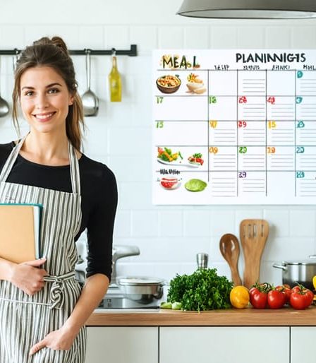 A busy mom standing in a well-organized kitchen, holding a meal planning notebook with various fresh ingredients on the counter and a calendar of themed dinner nights on the wall.