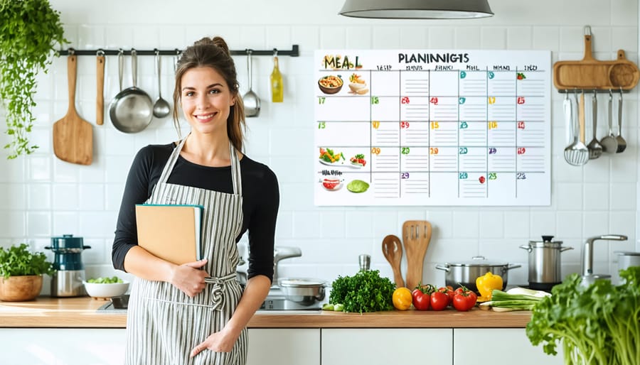 A busy mom standing in a well-organized kitchen, holding a meal planning notebook with various fresh ingredients on the counter and a calendar of themed dinner nights on the wall.