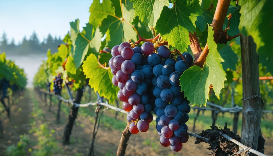 Purple Pinot Noir grape clusters hanging on the vine with misty Willamette Valley landscape in the background