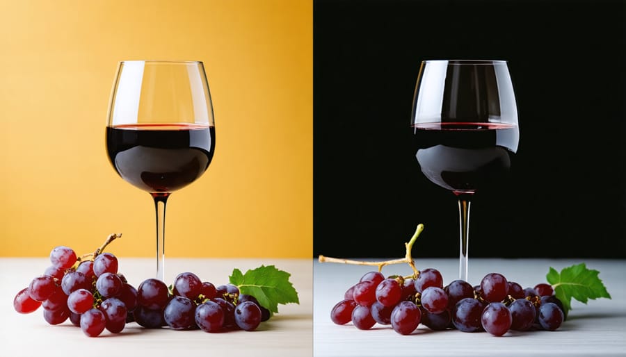 Side-by-side comparison of fresh red wine versus oxidized wine showing color degradation