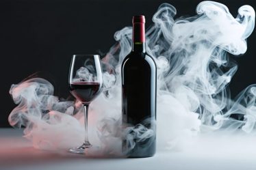 An artistic depiction of wine preservation gas creating a protective, glowing barrier over an opened bottle of red wine, signifying the freshness and quality maintenance even after opening.
